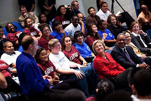 Harvard President Drew Faust (pictured in red jacket), Boston Mayor Thomas M. Menino, Boston Public Schools Superintendent Carol Johnson, and Cisco Vice President Ken Gaines joined the O’Bryant and Paradise Valley students to kick off a new partnership designed to bring the world to local classrooms.