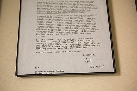 Another framed letter is from celebrated sociologist David Riesman, author of “The Lonely Crowd” and an important Harvard influence.