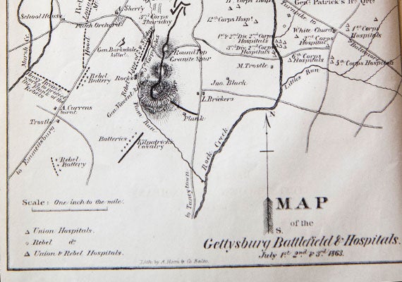 A detail from a map of Gettysburg that includes the battlefield and hospitals. Both "Union and Rebel Hospitals" are represented. Image from the Andover-Harvard Theological Library. Jon Chase/Harvard Staff Photographer