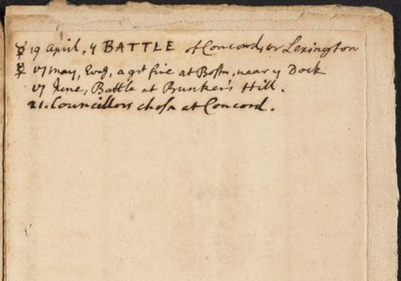 One leaf from a 1775 journal kept by Harvard scientist and professor John Winthrop (1714-1779) in that year’s Bickerstaff’s Boston Almanac. The list notes the battles of Lexington and Concord (April 19) and Bunker Hill (June 17) and Harvard’s one-year refuge at Concord (June 21).
