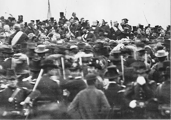 President Abraham Lincoln standing on a platform at the dedication of Gettysburg, Nov. 19, 1863. This is a facsimile from a glass-plate negative. Courtesy of the Brady-Handy Collection/Library of Congress