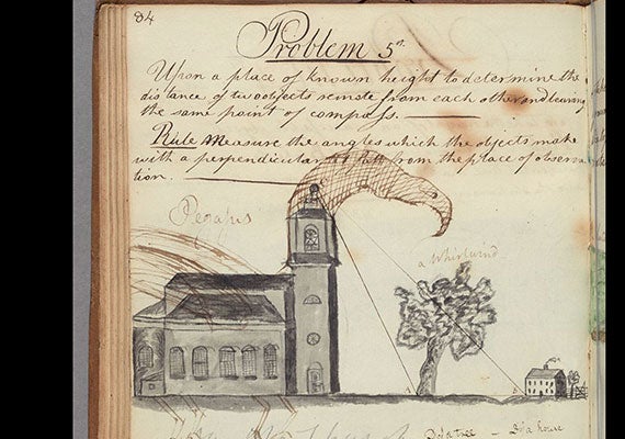 Later doodles on William Tudor’s “Problem 5th” transform a Cambridge church into a giant Pegasus, complete with legs and sweeping wings. But the divine horse of Greek mythology is given the head and beak of a raptor, peering hungrily at what might be Massachusetts Hall.