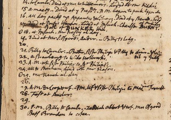 On June 16, 1775, Winthrop “all day packg up Apparatus and Library” for the move to Concord. On June 17, after noting his dining and lodging arrangements, he records “Charlestown BURNT. Batt of BUNKER Hill.”