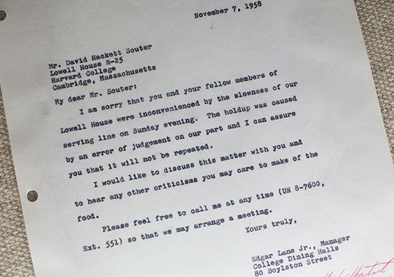 A letter of reply to then-undergraduate David Souter ’61, LL.B. ’66, who in 1958 complained about slow dining room service.