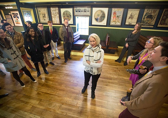 Dame Helen Mirren started her Harvard tour at the Hyde-Taylor House, which was built in 1635 and over the years has been home to the original House of Blues, a barbecue joint, and now the Hasty Pudding Institute of 1770. Kris Snibbe/Harvard Staff Photographer