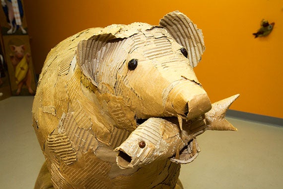 Savannah, Ga., artist Shannon Wright used cardboard to create a sculpture of a bear capturing a salmon. 