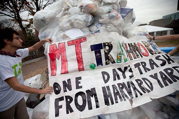 Mount Trashmore, a tower of trash built from one day's refuse in Harvard Yard, is always a striking visual. File photo Kris Snibbe/Harvard Staff Photographer