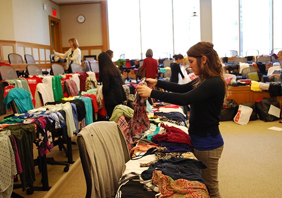 Harvard Law School's  Women’s Law Association held its annual clothing Swapaganza April 17. The remaining items were given to two local shelters. Photo by Maria Scenna
