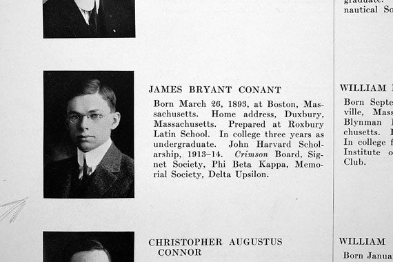 Future Harvard President James Bryant Conant, pictured here in the Harvard Class Album of 1914, was among the most celebrated members of the class, although he actually finished his A.B. by 1913. Photo courtesy of Harvard University Archives