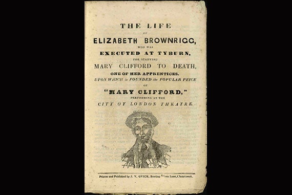 The title page from an anonymous 1839 account of Elizabeth Brownrigg, a London midwife executed for torturing and starving a young apprentice.