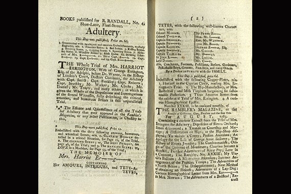 Two pages from a 1785 pamphlet about a sensational London adultery trial. Such pamphlets often recounted saucy stories in the guise of legal reportage.