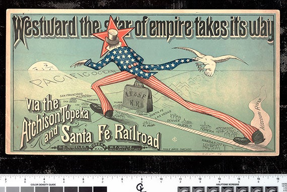“Westward the Star of Empire Takes Its Way,” an Atchison, Topeka and Santa Fe Railroad poster. Rail systems aggressively expanded after 1865, spurring national markets that, in turn, spurred national advertising. All images courtesy of Baker Library/Harvard Business School.