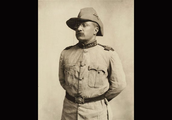 Theodore Roosevelt, Class of 1880, in his Rough Riders uniform. He helped lead the Preparedness Movement, a readiness campaign in which Harvard played a vital part. Courtesy of Houghton Library