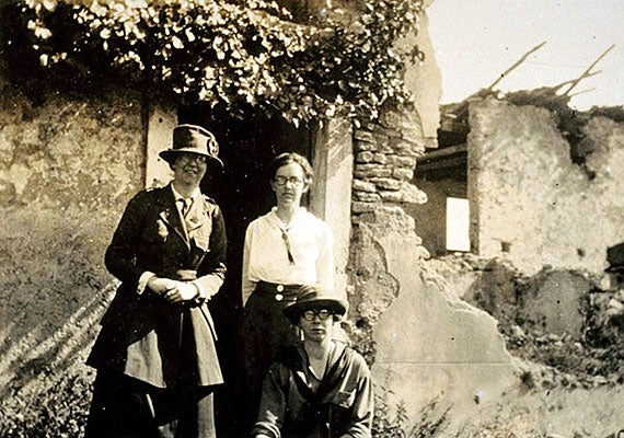 An undated photo of three members of the Radcliffe Unit, in France from 1917 to 1920 to help reconstruct villages. (From left) Lucy Stockton 1910 (who wrote an eye-witness account of combat), Julia Collier 1910, and documentarian Ann Holman 1914. Courtesy of Schlesinger Library/Radcliffe Institute