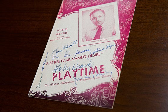 A playbill for the 1947 run of Williams’ “A Streetcar Named Desire” at Boston’s Wilbur Theatre includes autographs from Marlon Brando, Jessica Tandy, and Tennessee Williams along the side.
