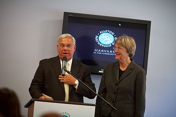 Mayor Thomas M. Menino and President Drew Faust awarded $100,000 in grants on June 26, 2009, to six local nonprofit organizations. File photo by Justin Ide