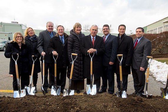 Boston Mayor Thomas M. Menino and Harvard President Drew Faust posed with shovels at the groundbreaking for Barry's Corner Residential and Retail Commons. File photo by Rose Lincoln/Harvard Staff Photographer