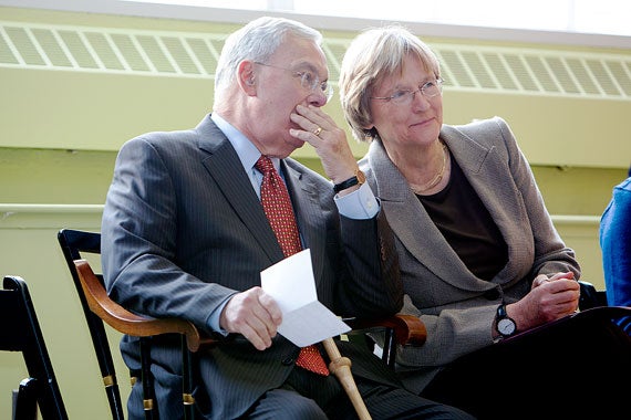 Boston Mayor M. Thomas Menino and Harvard President Drew Faust attended a December 2013 groundbreaking in Allston for Barry's Corner Residential and Retail Commons. File photo by Rose Lincoln/Harvard Staff Photographer