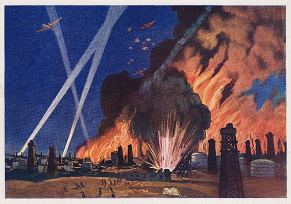 This postcard shows the Soviet bombardment of oil refineries in Ploesti (Romania). Postcard by V.P. Belkin. Images courtesy of the Blavatnik Archive Foundation
