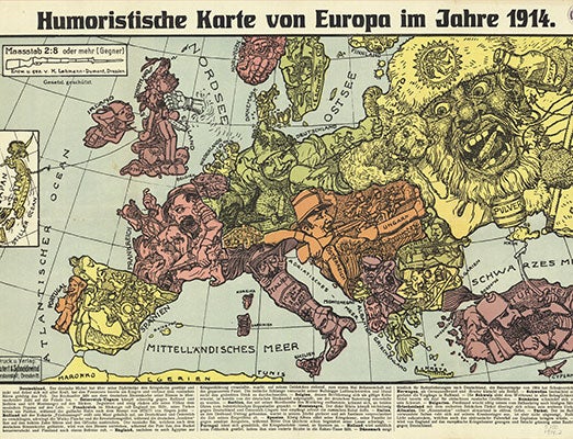 The mapmaker’s editorial spin is evident in this 1914 caricature map, which shows each country with a unique persona. Germany strains against its borders, Serbia attempts to throw a bomb at Osterreich while Turkey holds a lit candle under a Crimean powder keg. Images courtesy of the Harvard Map Collection