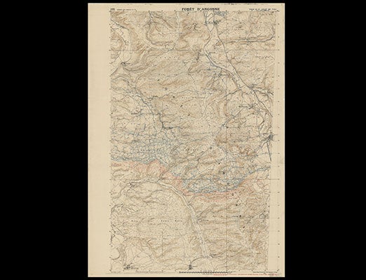 Curator Bonnie Burns used hundreds of plans directeurs, such as this one detailing the Argonne Forest in 1918, in order to pull together the comprehensive map of the Western Front. Red represents Allied-controlled territory, blue German-held lines.