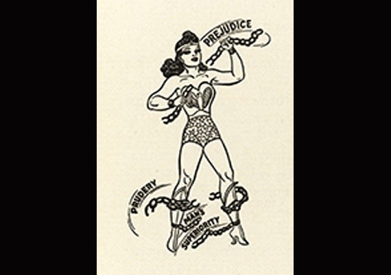 A drawing by Wonder Woman artist Harry G. Peter accompanied an article titled “Why 100,000,000 Americans Read Comics” by William Moulton Marston, which ran in “American Scholar” in 1944. Credit: Harvard College Library