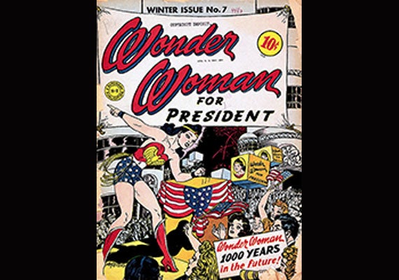 In the 1943 comic “Wonder Woman for President,” the superhero throws her hat in the ring for president of the United States. Credit: The Smithsonian Institution Libraries, Washington, D.C.