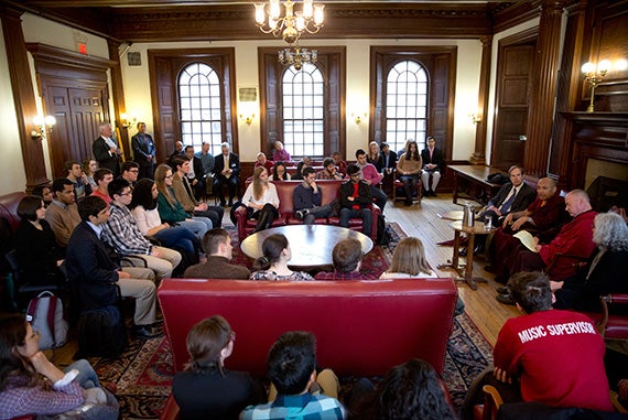 Dean of Freshmen Thomas A. Dingman (left) sat with the  Karmapa during a meeting at Phillips Brooks House. “I do actually speak some English. I feel that I speak it poorly. I certainly don't think my English is up to Harvard’s standards,” the Karmapa told an audience the day before. 