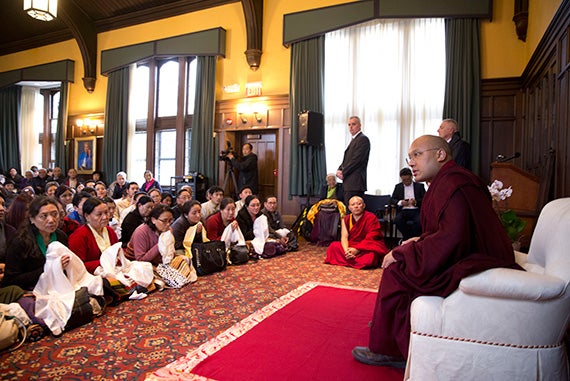 His Holiness the 17th Gyalwang Karmapa spoke with a group from the Boston and Cambridge Tibetan communities inside the Braun Room in  Andover Hall.