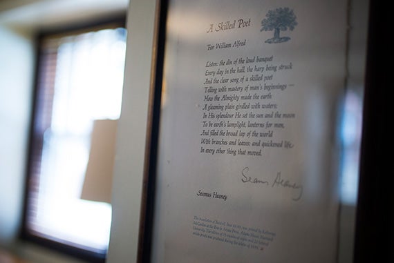 Work on the walls in the Seamus Heaney suite includes these several lines of the poet’s translation of “Beowulf” that were printed at the Adams House Bow & Arrow Press.