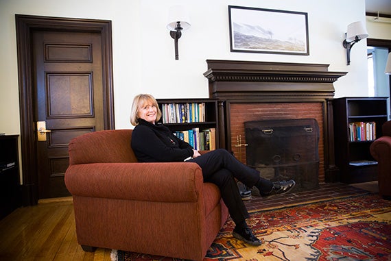 Seamus Heaney’s widow, Marie, sits in the Adams House suite where she used to visit him during his stints at Harvard.