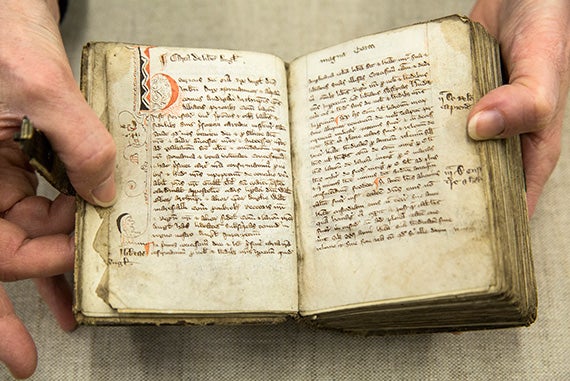This small copy of the Magna Carta, circa 1300, is embellished with color and vivid illustrations.