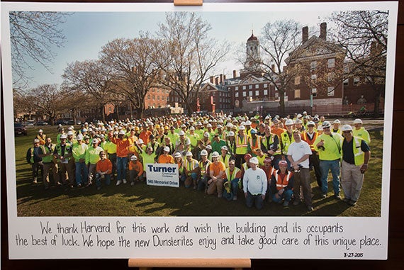 The construction crew presented Dunster House with a photo that included the inscription: "We thank Harvard for this work and wish the building and its occupants the best of luck. We hope the new Dunsterites enjoy and take good care of this unique place."