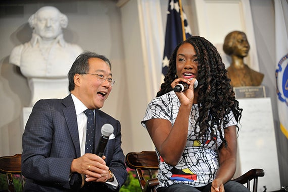 Yo-Yo Ma ’76 shared a laugh with Alexis Wilkinson ’15, who is a writer for HBO’s Emmy Award-winning political comedy “Veep." Jon Chase/Harvard Staff Photographer