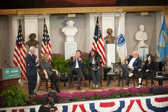 Harvard Professor Michael Sandel (from left) set the stage for the kickoff of HUBweek at Faneuil Hall, which featured Arianna Huffington, Yo-Yo Ma '76, Alexis Wilkinson ’15, Andrew McAfee, D.B.A. ’99, and Sherry Turkle ’69, Ph.D. ’76. Jon Chase/Harvard Staff Photographer