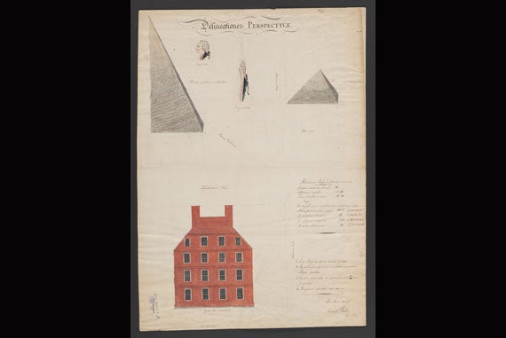 A pen-and-ink drawing of an "end view of Massachusetts Hall" by Samuel Welles. Courtesy of Harvard University Archives