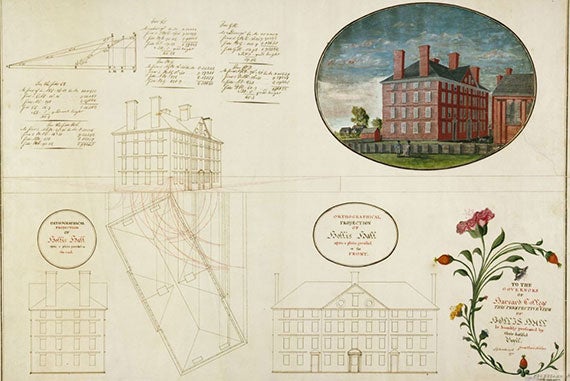 An inscription on this illustration reads: “To the Governors of Harvard College this Perspective View of Hollis Hall is humbly presented by their dutiful pupil Jonathan Fisher, September 27th, 1791." Courtesy of Harvard University Archives