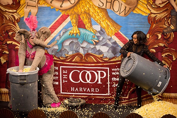 Daniel Hughes '18 and Kerry Washington attempted to eat a barrel of popcorn, a favorite food of Olivia Pope, the character played by Washington on the hit show "Scandal." Kris Snibbe/Harvard Staff Photographer