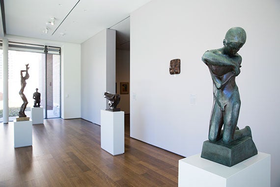 The sculptures in a Busch-Reisinger Museum gallery include “Kneeling Youth with a Shell,” 1923, by George Minne (foreground/right). Works by Renée Sintenis, Ernst Barlach, Max Beckmann, and Käthe Kollwitz are also on view. Stephanie Mitchell/Harvard Staff Photographer