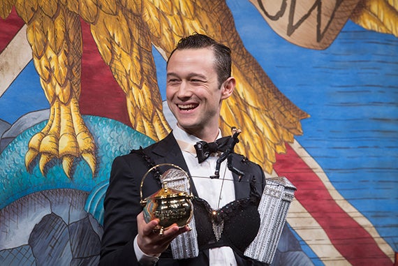 “I spent the last two days here,” said Joseph Gordon-Levitt after receiving the Pudding Pot. “There’s a thoughtfulness, optimism, passion, worldliness, sense of humor that leaves me feeling optimistic about people younger than I am." Jon Chase/Harvard Staff Photographer