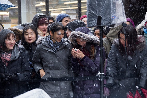 Despite the weather, fans flocked to Harvard Square to catch a glimpse of the "Don Jon" actor. Photo by Shraddha Gupta