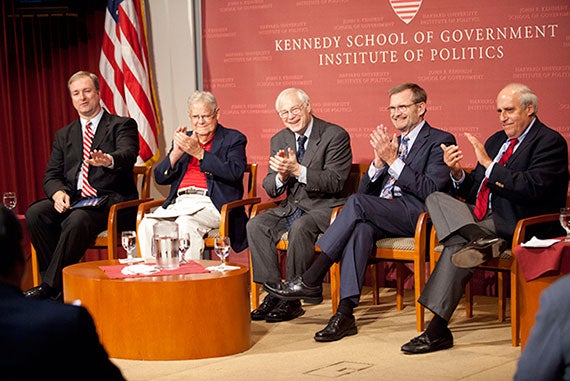 During "A Conversation with Former IOP Directors" in September 2011, moderator Trey Grayson (from left), director of the Institute of Politics; Jonathan Moore, associate of the Shorenstein Center; Jim Leach, chairman of the National Endowment for the Humanities; Phil Sharp, president of Resources for the Future; Dan Glickman, executive director of the Aspen Institute Congressional Program; and U.S. Sen. Jeanne Shaheen (via videolink) speak inside the John F. Kennedy  Jr. Forum. Kris Snibbe/Harvard Staff Photographer