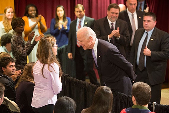 U.S. Vice President Joseph R. Biden speaks with Harvard Kennedy School student Emelia San Miguel after delivering a foreign policy address on Oct. 2, 2014. Jon Chase/Harvard Staff Photographer