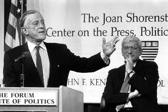 Ben Bradlee, executive director of the Washington Post, delivers a 1991 speech in the JFK Jr. Forum on "The Press and Public Policy in the Age of Manipulation," as Marvin Kalb, Edward R. Murrow Professor of Practice emeritus, looks on. Courtesy of the IOP