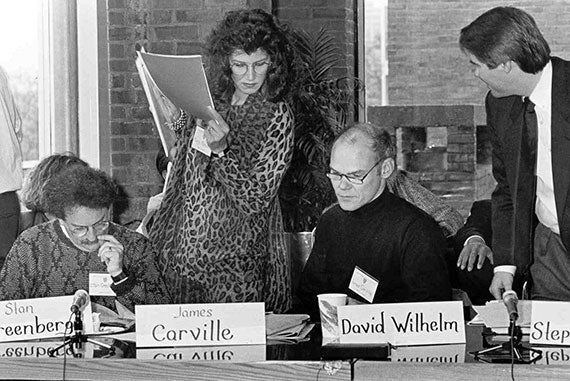 Stan Greenberg (from left), Mary Matalin, and James Carville at the IOP’s fall 1992 Campaign Decision Makers Conference. Photo by Martha Stewart