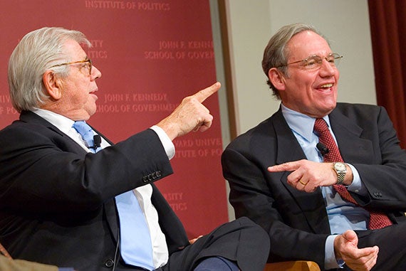Carl Bernstein (left), contributing editor of Vanity Fair, and Bob Woodward, assistant managing editor of The Washington Post, spoke with Alex Jones, director of the Shorenstein Center, at the JFK Jr. Forum, Dec. 5, 2005. The forum was titled “Anonymous Sources: Lessons Learned." Stephanie Mitchell/Harvard Staff Photographer