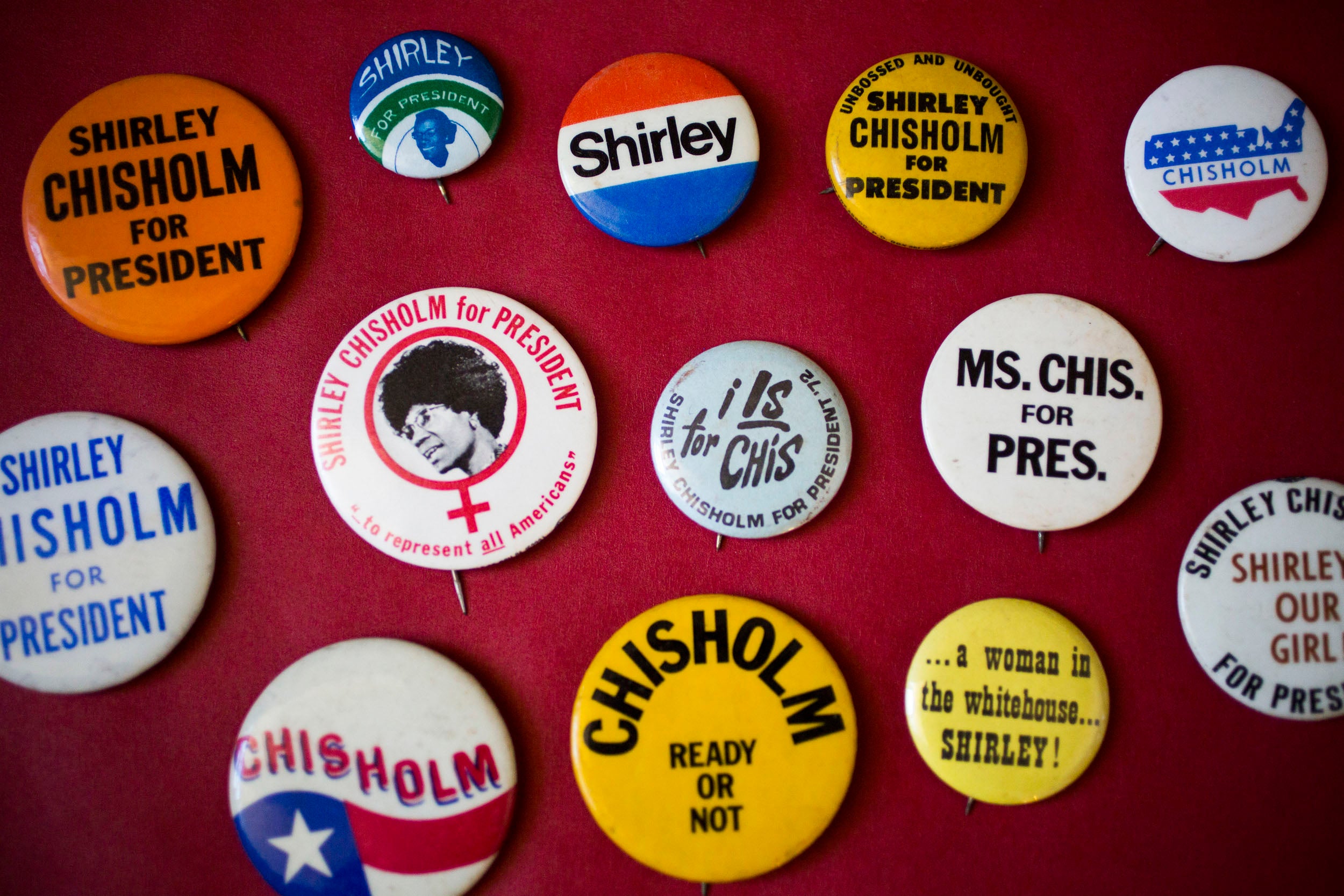 Campaign buttons from 1972 for Shirley Chisholm.