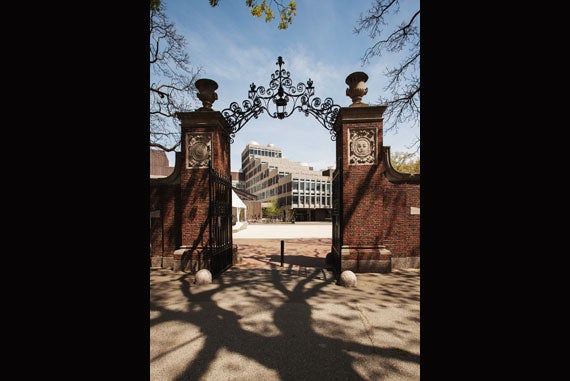 The traditional design of the Meyer Gate at once frames a view of Harvard’s Science Center and exhibits a study in contrast with its modern architecture. Image credit: Ralph Lieberman