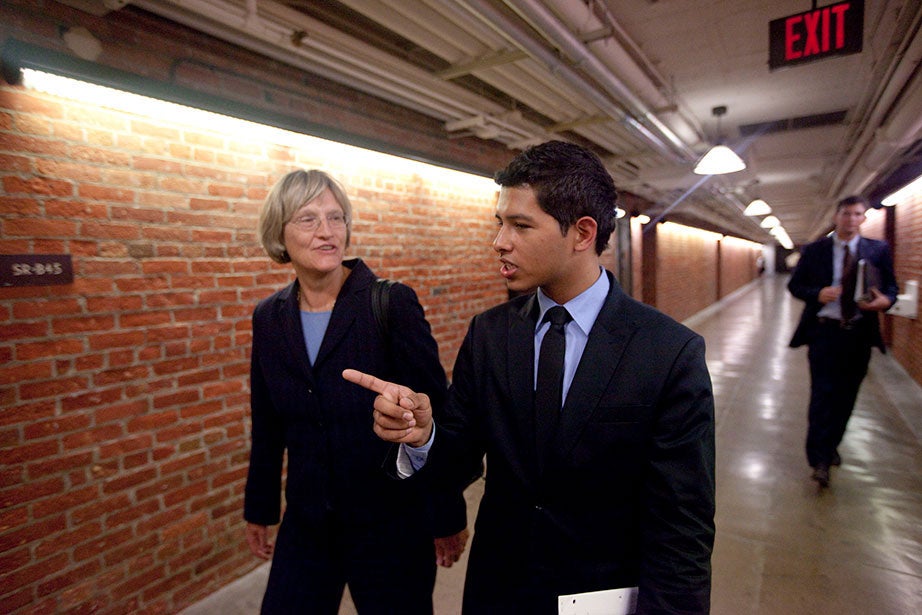 Harvard President Drew Faust and Eric Balderas discuss "The Dream Act" inside the U.S. Capitol.