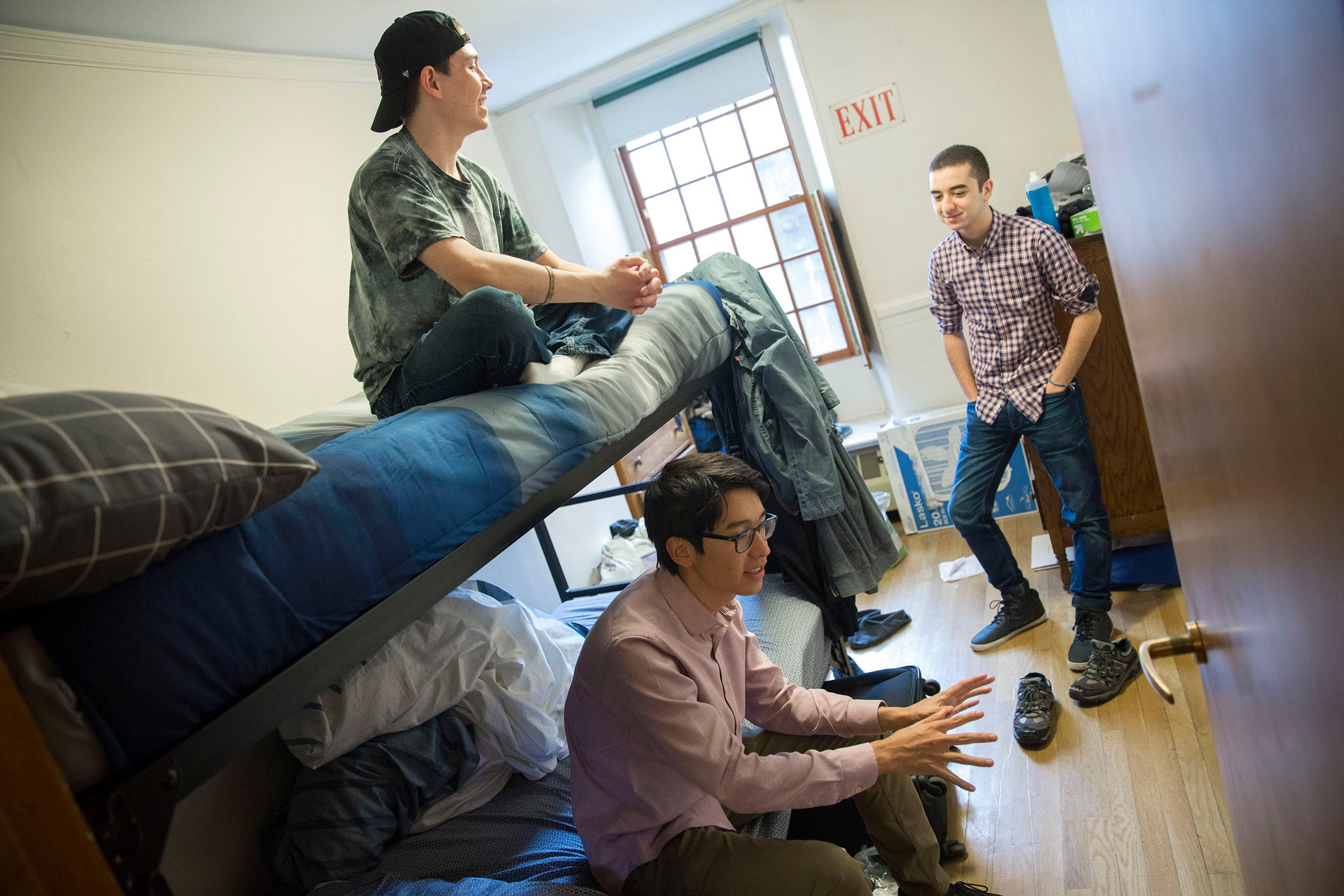 Roommates, Clifford "Scotty" Courvoisier, (from upper left to right) Kenneth Shinozuka, and Abdelrhman "Abdul" Saleh, (from Egypt), All class of '20 live in Thayer House together.